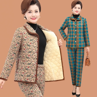女中老年人碎花棉服加绒保暖衣棉袄格子红色 套装 妈妈冬装 棉衣棉裤