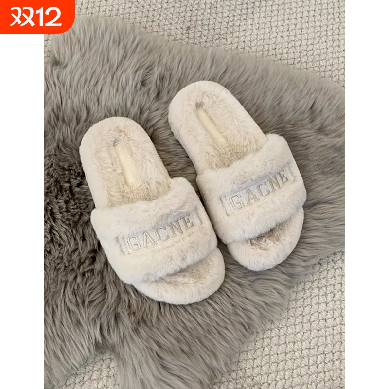 韩国毛毛拖鞋女外穿2025新款秋冬刺绣厚底平底棉拖鞋毛绒黑色白色