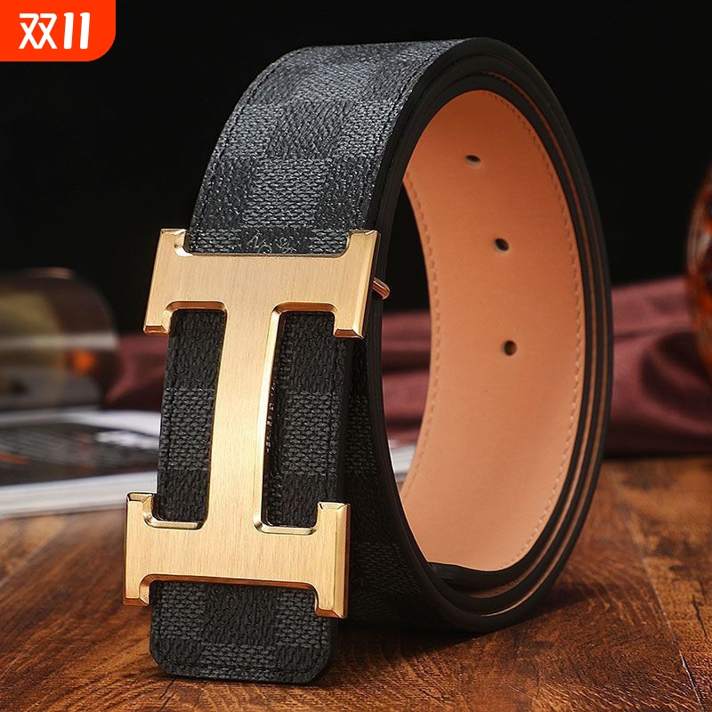 真皮腰带爱马男仕纯牛皮平滑扣合金打孔H字母格纹商务百高档裤带