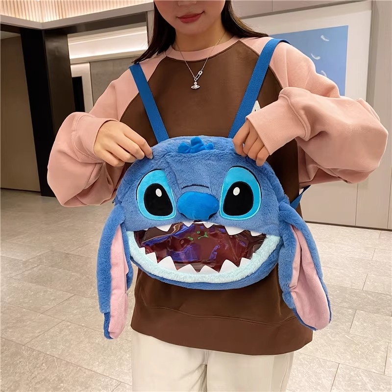 史迪仔痛包毛绒公仔晒娃包史迪奇透明双肩包生日礼物卡通蓝色防水