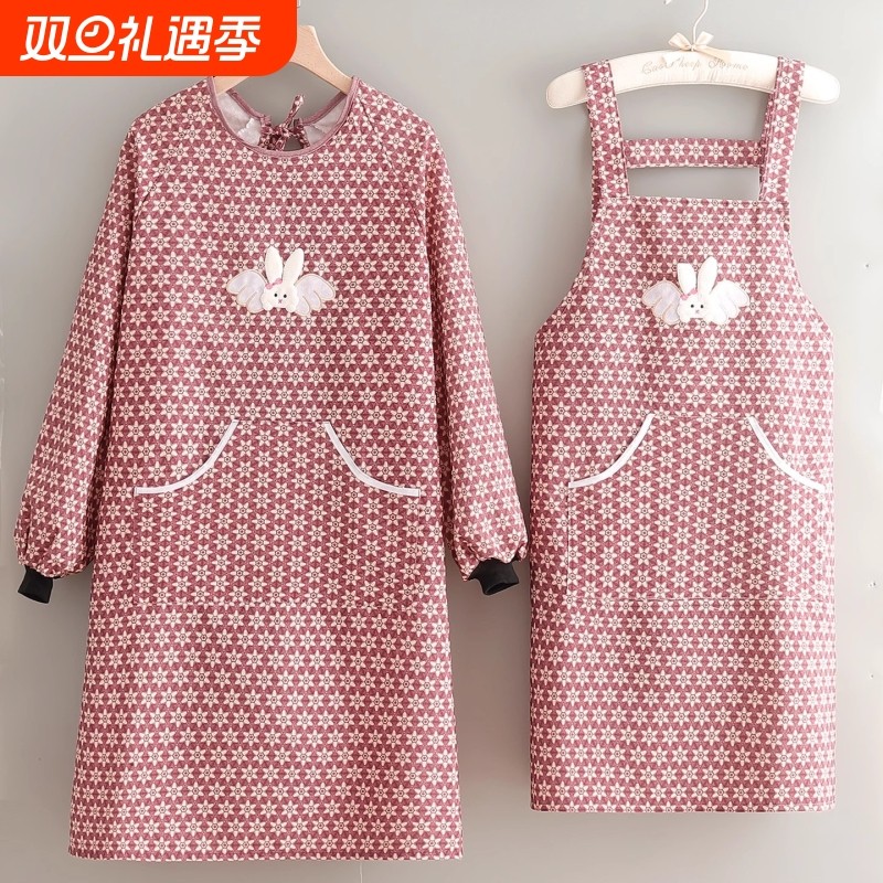 时尚帆布长袖围裙成人厨房防污罩衣背带兔卡通做饭围腰工作服印字