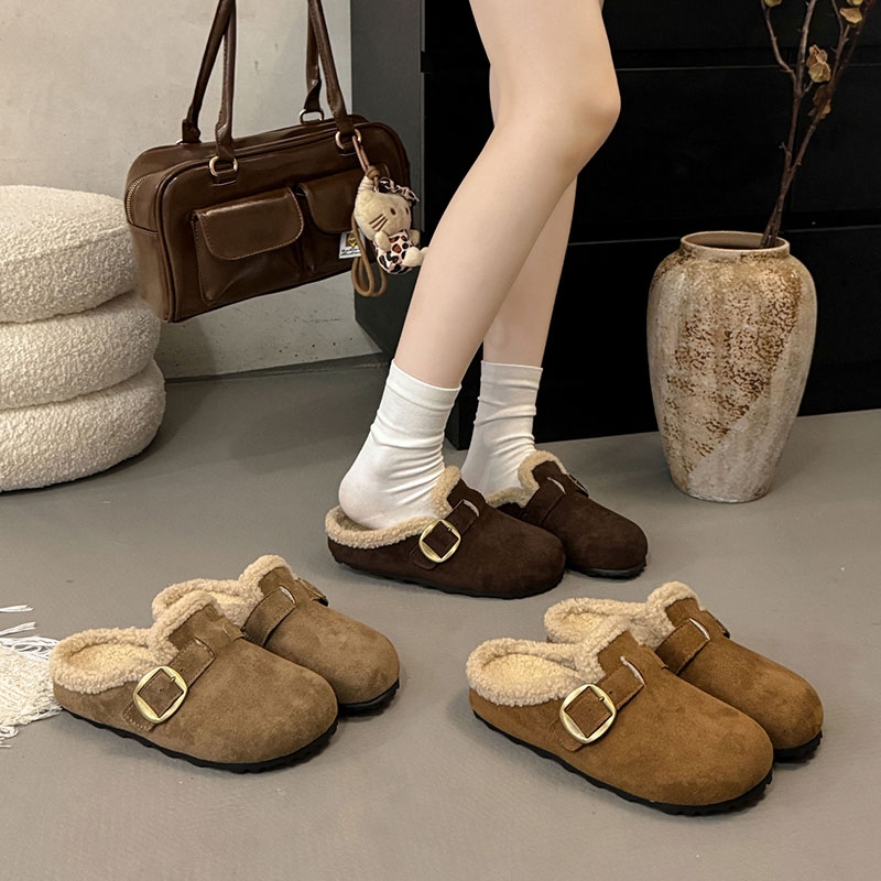 加绒勃肯鞋毛毛鞋女外穿2025新款秋冬季一脚蹬包头半拖鞋博肯棉鞋