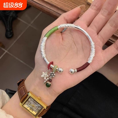 幂琳2026新款碧玉繁花开口纯银手镯女s999足银镯子实心南瓜推拉