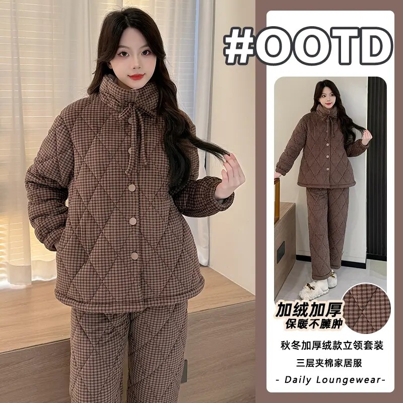 睡衣女款2025新款冬高级感三层夹棉加厚冬天女士珊瑚绒保暖家居服