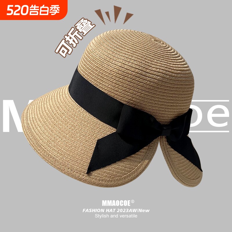 法式草帽海边遮阳可折叠扎马尾蝴蝶结显脸小防晒太阳帽度假渔夫