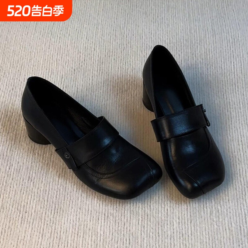 羊皮版~小众懒人一脚蹬复古风方头粗跟乐福鞋女真皮一脚蹬小皮鞋