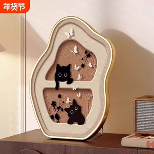 中古风桌面装饰画小众艺术摆画喵咪复古卧室床头柜电视柜摆件礼物