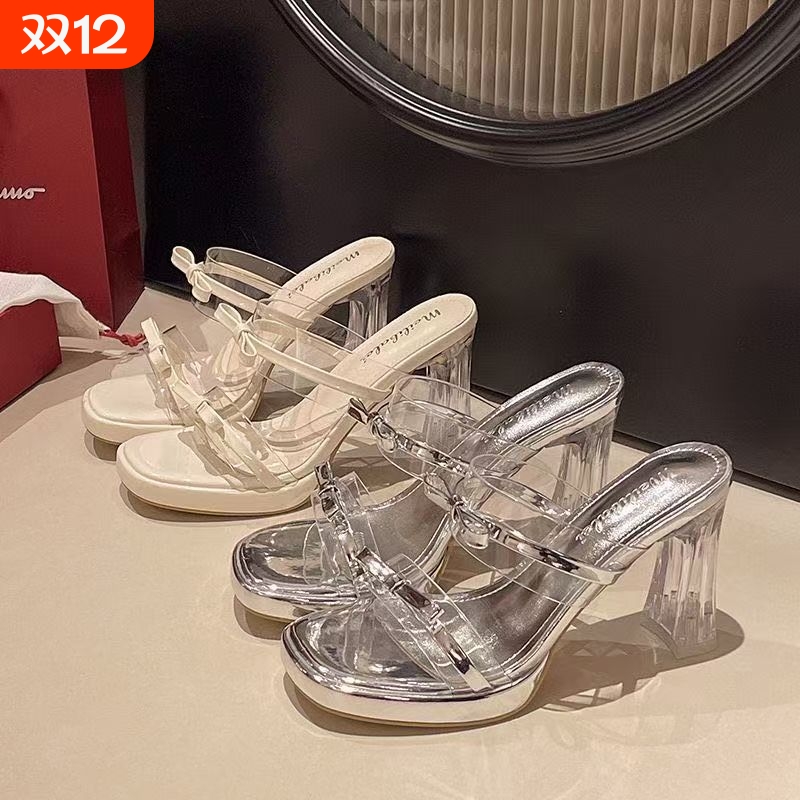 2025爆款仙女风水晶粗跟凉拖鞋女