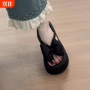 蝴蝶结一字拖鞋 法式 新款 女2025夏季 防滑支撑耐磨 黑色厚底增高凉鞋