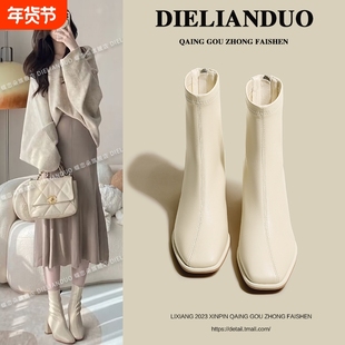 法式短靴女款2025新款秋冬季加绒单靴瘦瘦靴爆款高跟鞋白色女靴子