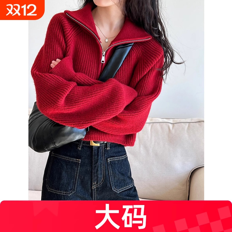 长袖上衣女半拉链高领毛衣秋冬大码纯色针织衫女设计感小众高级感