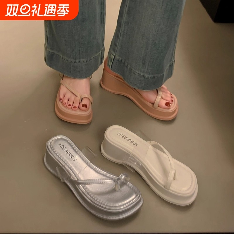 坡跟夹脚趾凉拖鞋女夏季外穿新款厚底法式高跟透明一字拖鞋子防滑