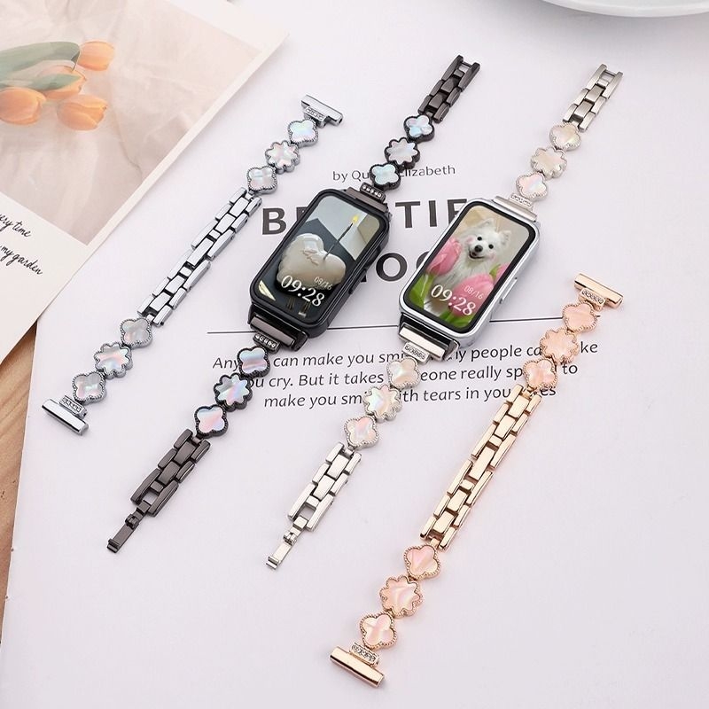 适用华为手环10表带新款手表9金属四叶贝母表链nfc版智能运动手环8女生band10/9/8高级watch夏天专用可爱腕带