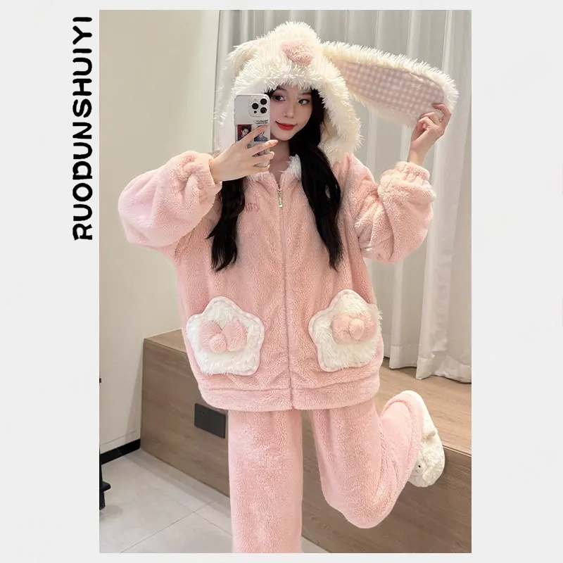 秋冬季珊瑚绒加绒加厚少女士睡衣