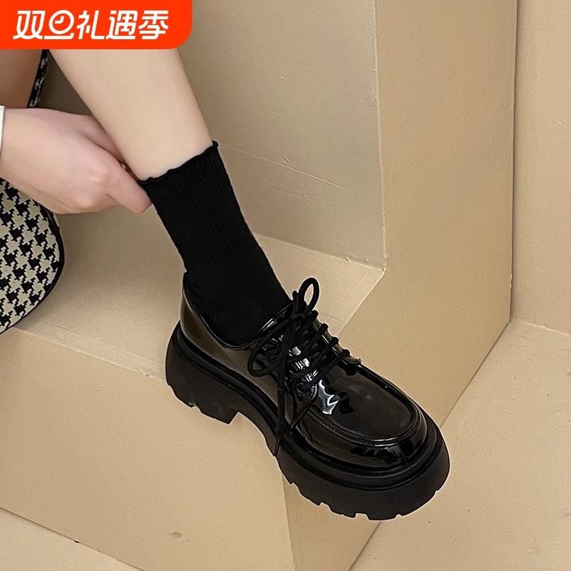 英伦风厚底小皮鞋女2025新款春夏百搭黑色jk单鞋松糕乐福鞋in
