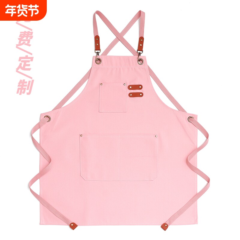 女生帆布围裙厨房咖啡美甲工作服上班餐厅双口袋交叉围腰黑色