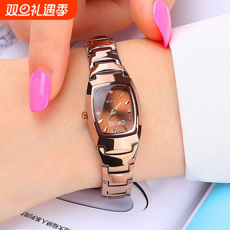 一件代发女士手表咖啡金色夜光防水钢带时尚学生手表方形石英女表