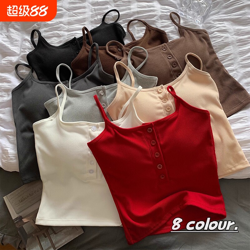 秋季带胸垫吊带背心女美式辣妹外穿内搭纽扣打底上衣红色黑色白色