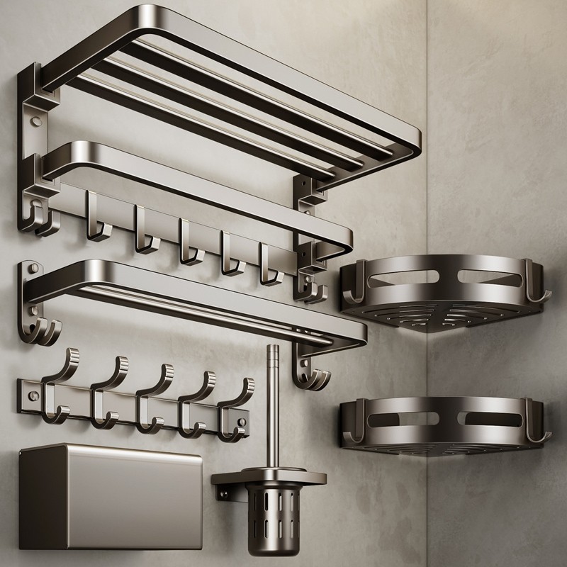 毛巾架浴室置物架卫生间免打孔浴巾架一体挂架套件厕所洗澡间架子