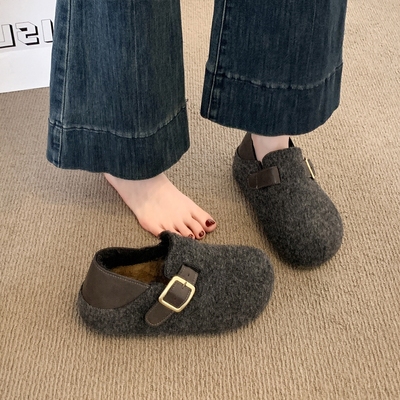 软底灰色勃肯鞋女2025秋冬新款厚底棉鞋两穿加绒包头半拖鞋毛绒