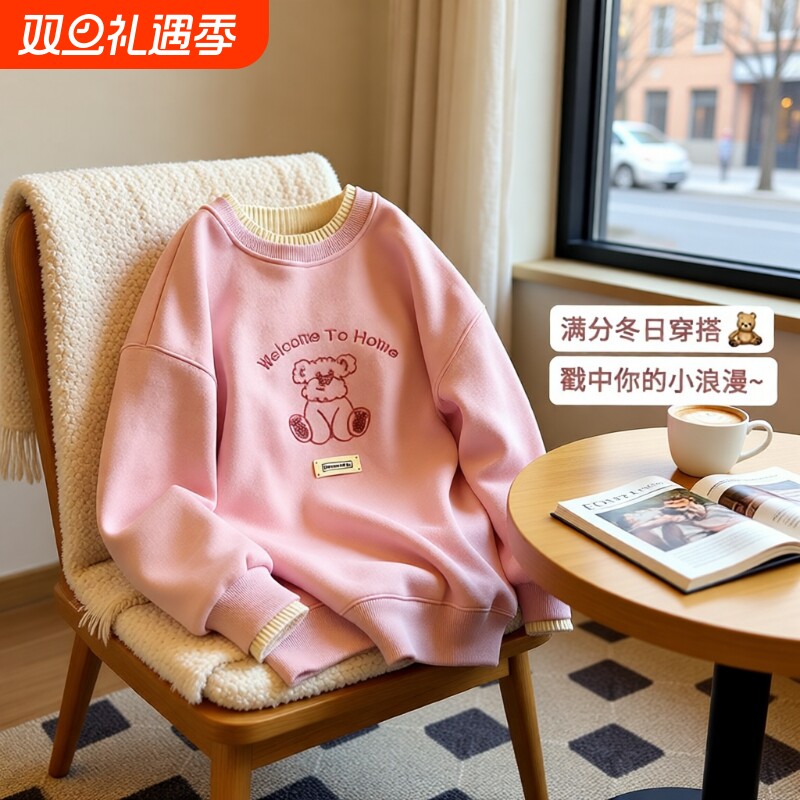 女童卫衣秋冬2025新款假两件拼接衣服春装刺绣卡通女大童加绒上衣