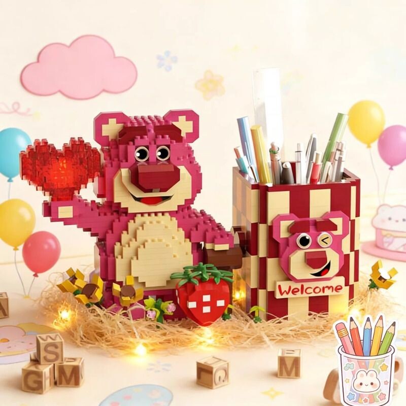 兼容乐高积木草莓熊笔筒拼图玲娜贝儿拼装益智玩具摆件女孩子系列