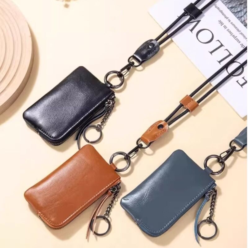 复古轻薄简约休闲多功能炭黑色挂脖潮款卡包迷你零钱包迷你钥匙包