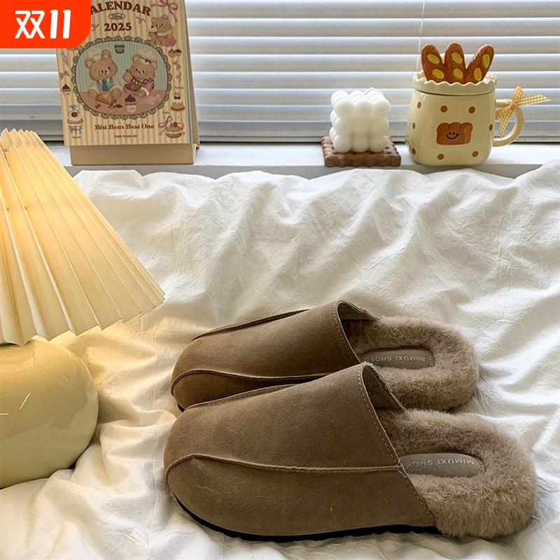 加绒勃肯毛毛拖鞋女外穿2024新款秋冬一脚蹬包头半拖厚底棉拖毛绒