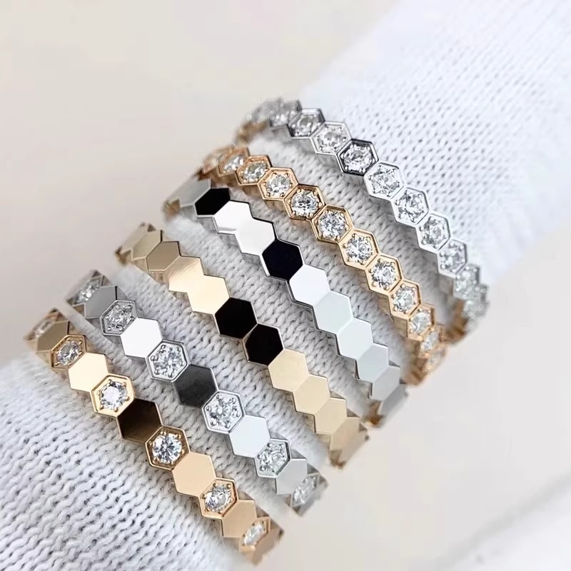 轻奢蜂巢戒指女满钻镀18k玫瑰金蜂窝叠戴半排钻高级感食指环