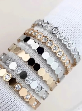 轻奢蜂巢戒指女满钻纯银镀18k玫瑰金蜂窝叠戴半排钻高级感食指环