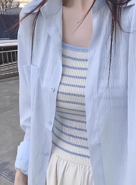 蓝色亚麻防晒衬衫女2026新款夏季轻薄小个子开衫长袖袖套外套上衣