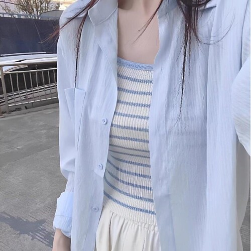 蓝色亚麻防晒衬衫女2026新款夏季轻薄小个子开衫长袖袖套外套上衣