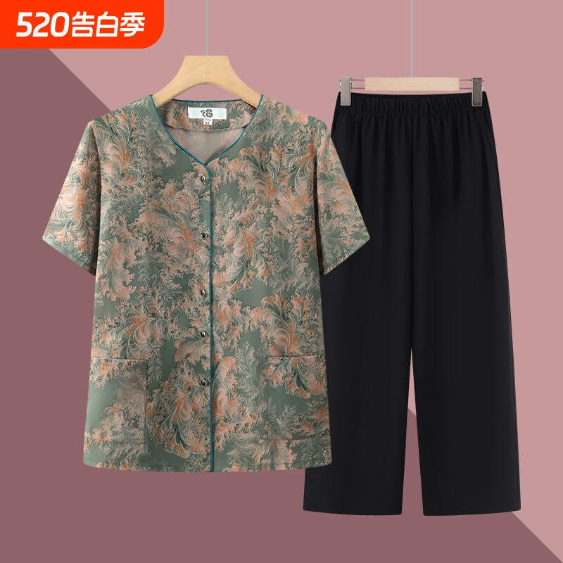 奶奶装夏季短袖T恤中老年人夏装衬衫妈妈套装老太太上衣服薄款