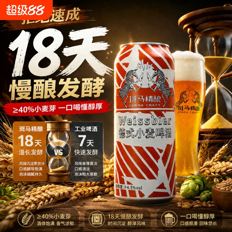 斑马精酿啤酒德式小麦500ml罐装全麦酿造12°P精酿啤酒清爽优选图片