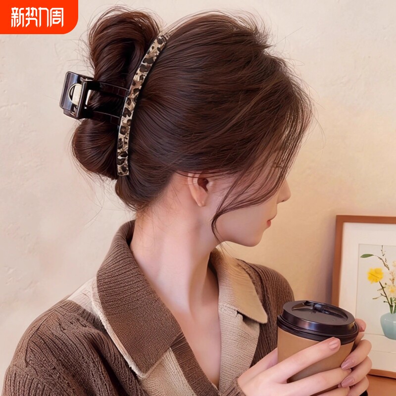 法式老钱风复古豹纹一字抓夹后脑勺盘发鲨鱼夹时尚发夹发饰女方形
