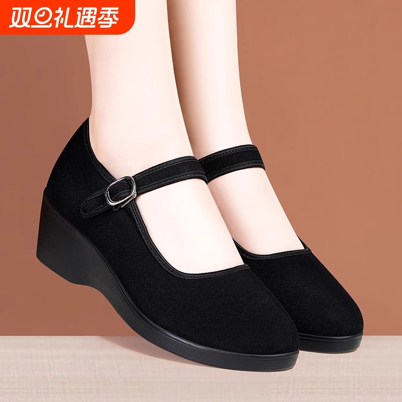 坡跟布鞋春季酒店黑色工作鞋女舞蹈鞋防滑平底鞋软底妈妈鞋中跟