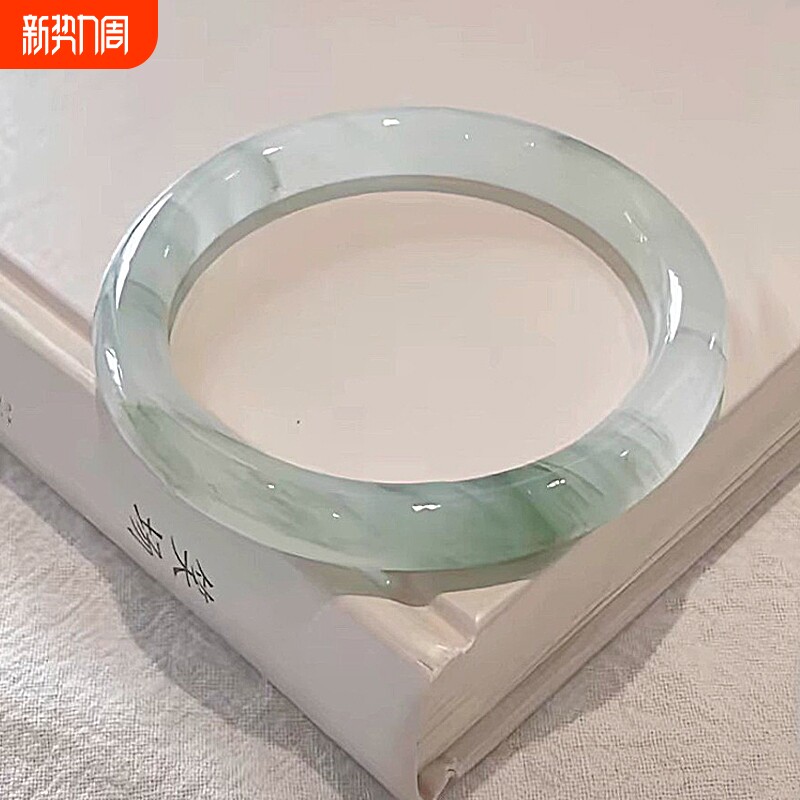 天然新疆天山翠金丝玉冰翠飘花玉镯女款雪翠手镯圆条扁镯子非翡翠