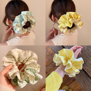 大号黄色碎花格子大肠双层发圈女新款丸子头发绳森系甜美马尾头绳