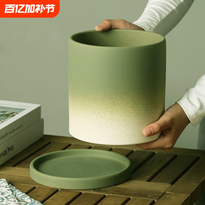 简约素烧渐变抹茶绿陶瓷直筒花盆绿植陶土盆栽透气大号口径阳台