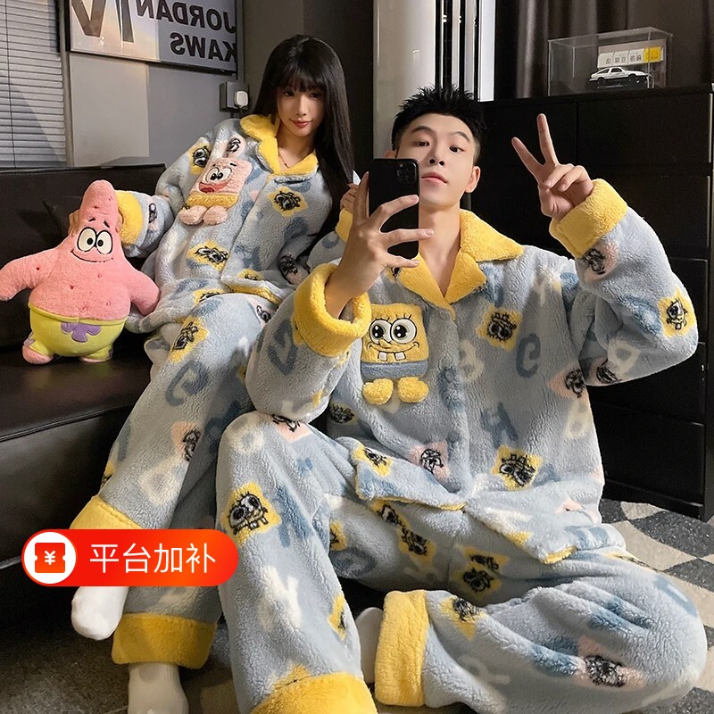 秋冬季海绵宝宝情侣家居服睡衣女款珊瑚绒加绒加厚卡通可爱可外穿