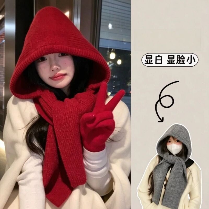 升级红色巴拉克拉法帽女连帽围脖秋冬季披肩针织毛线帽子围巾一体