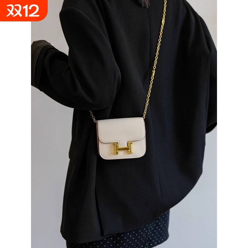 爱马女仕轻奢高级感H扣康康包女新款真皮小方包迷你链条口红包斜