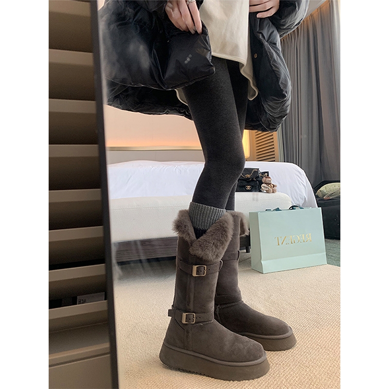 雪国列车费尔岛款厚底毛毛加绒加厚保暖棉鞋中长筒雪地靴女冬季款