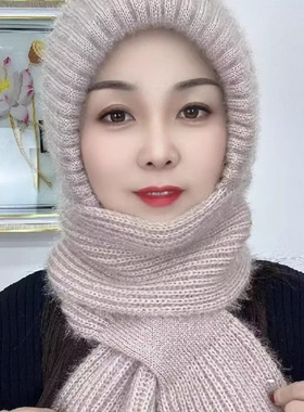 一体帽子女秋冬季加厚围巾新款风雪帽加绒松鼠绒毛线帽保暖网红帽