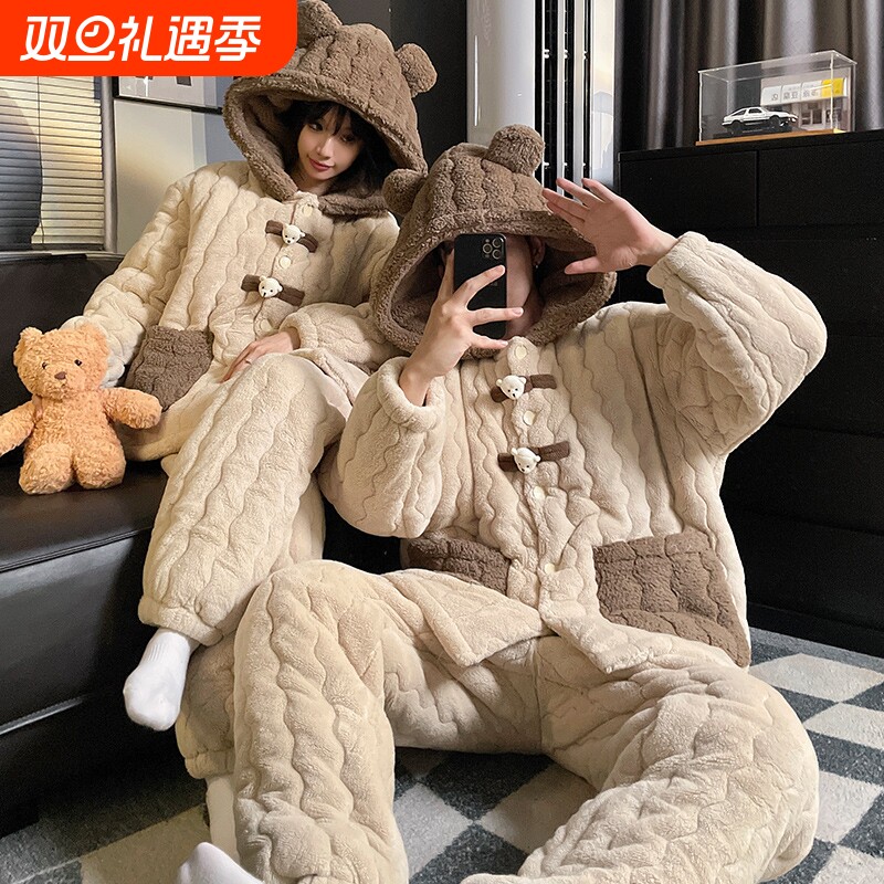 珊瑚绒情侣睡衣秋冬款三层加厚夹棉套装新款女士冬天保暖家居服男