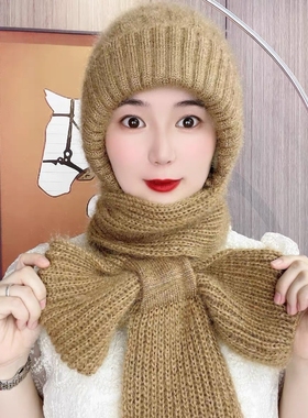 双层加厚加绒帽子围巾一体帽2025新款包头帽松鼠绒秋冬保暖风雪帽