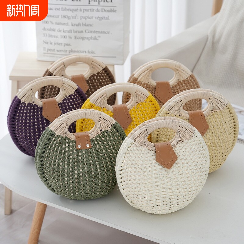 夏日简约手提跨境女包手工藤编沙滩草编包百搭时尚编织包休闲包