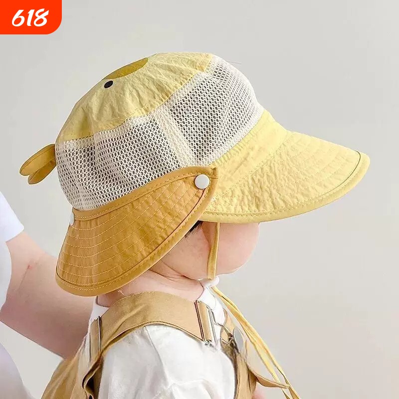 婴儿帽子夏季遮阳帽渔夫帽男童女宝宝网大檐可拆披肩儿童透气速干