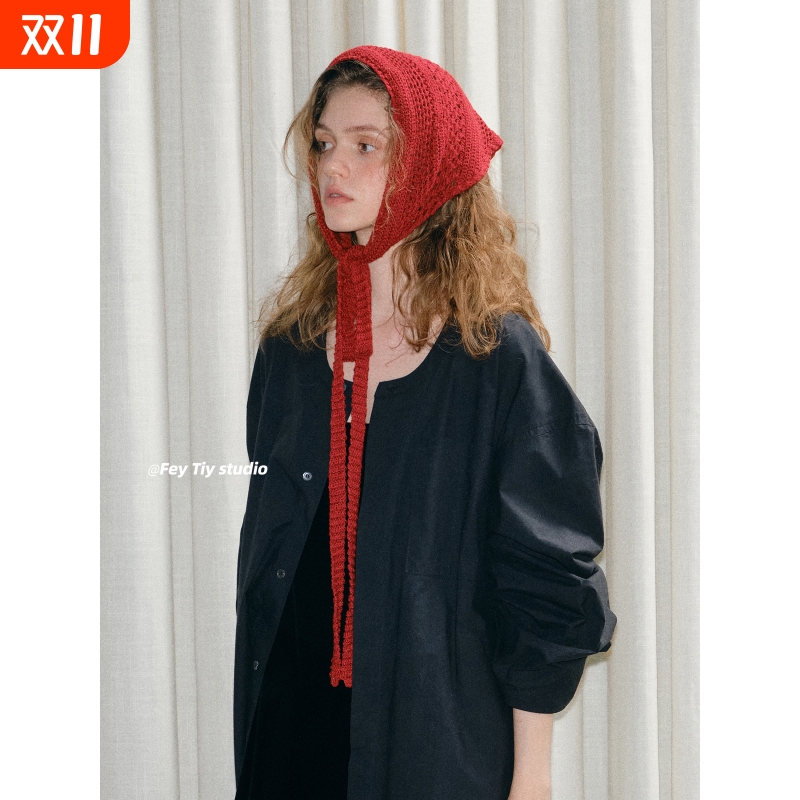 feytiy 复古镂空三角巾绑带裙帘两用个性装饰头巾包头针织百搭女