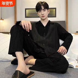 男士睡衣纯棉春秋款长袖秋季全棉纱布套装家居服秋可外穿黑色休闲